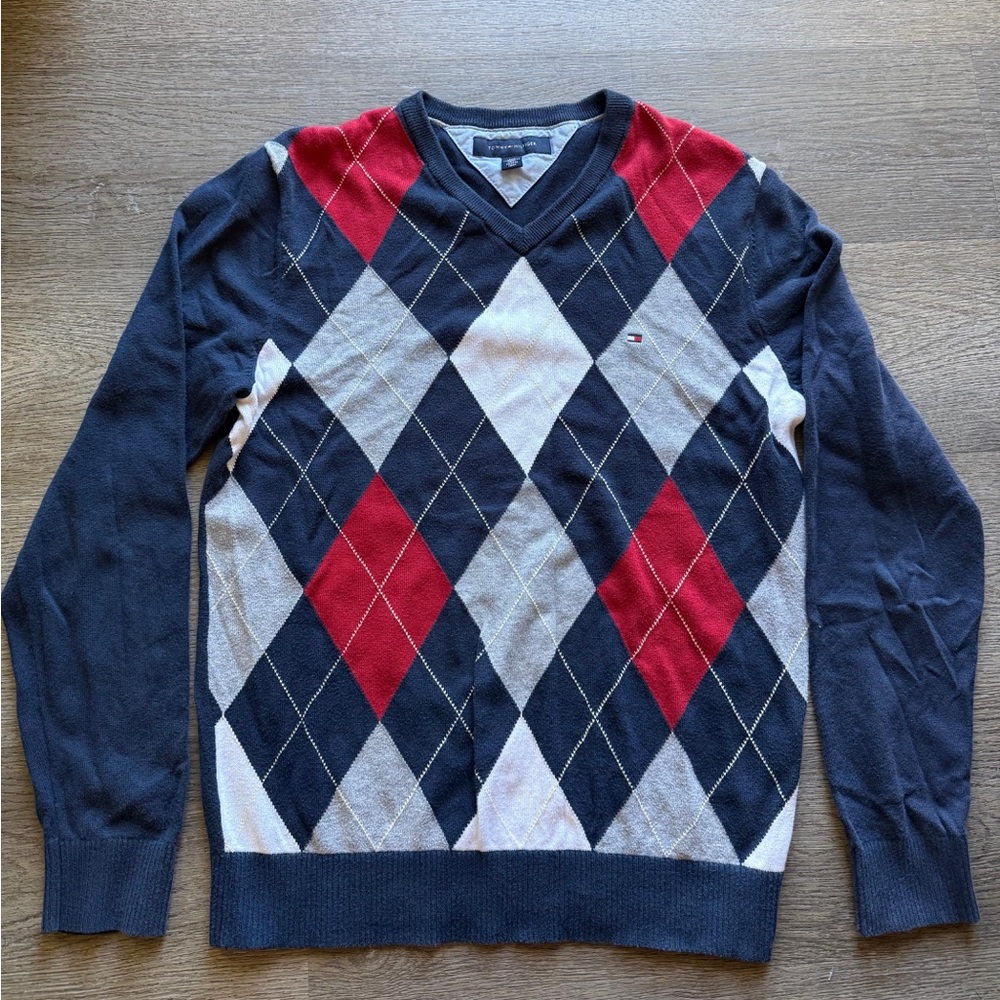 Tommy Hilfiger Argyle V-Neck Sweater Men’s S – Preppy Classic Vintage Aesthetic